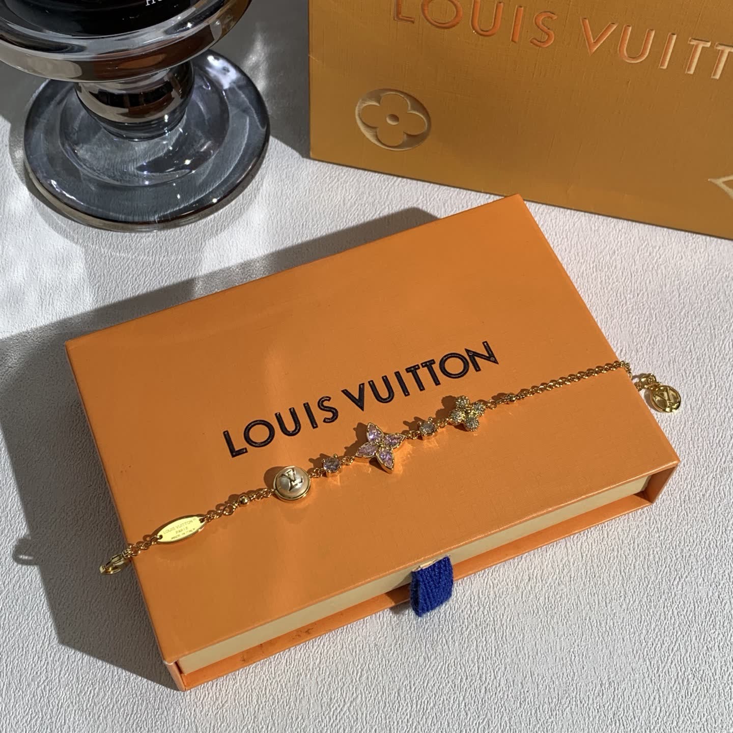 Louis Vuitton Gold Tone Crystal Flower Bracelet